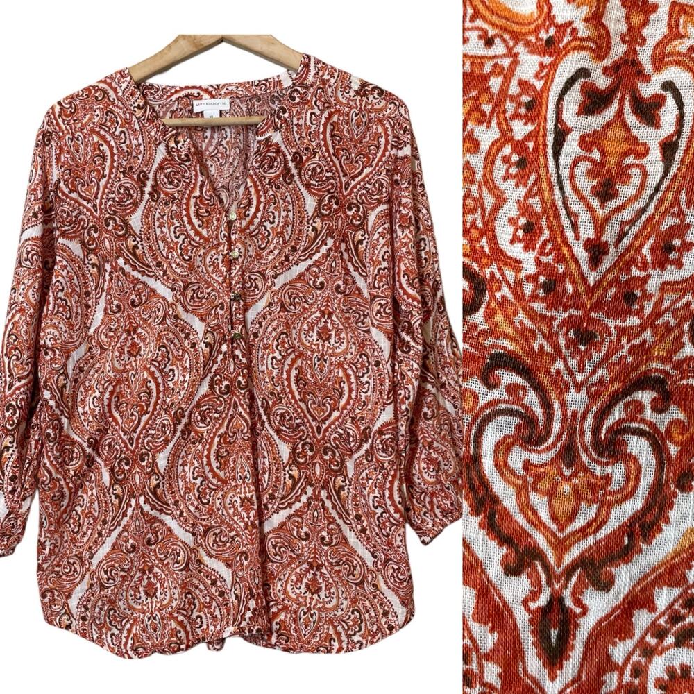 Liz Claiborne Orange Rust Boko 3/4 Sleeve Blouse Top Shirt XL Paisley